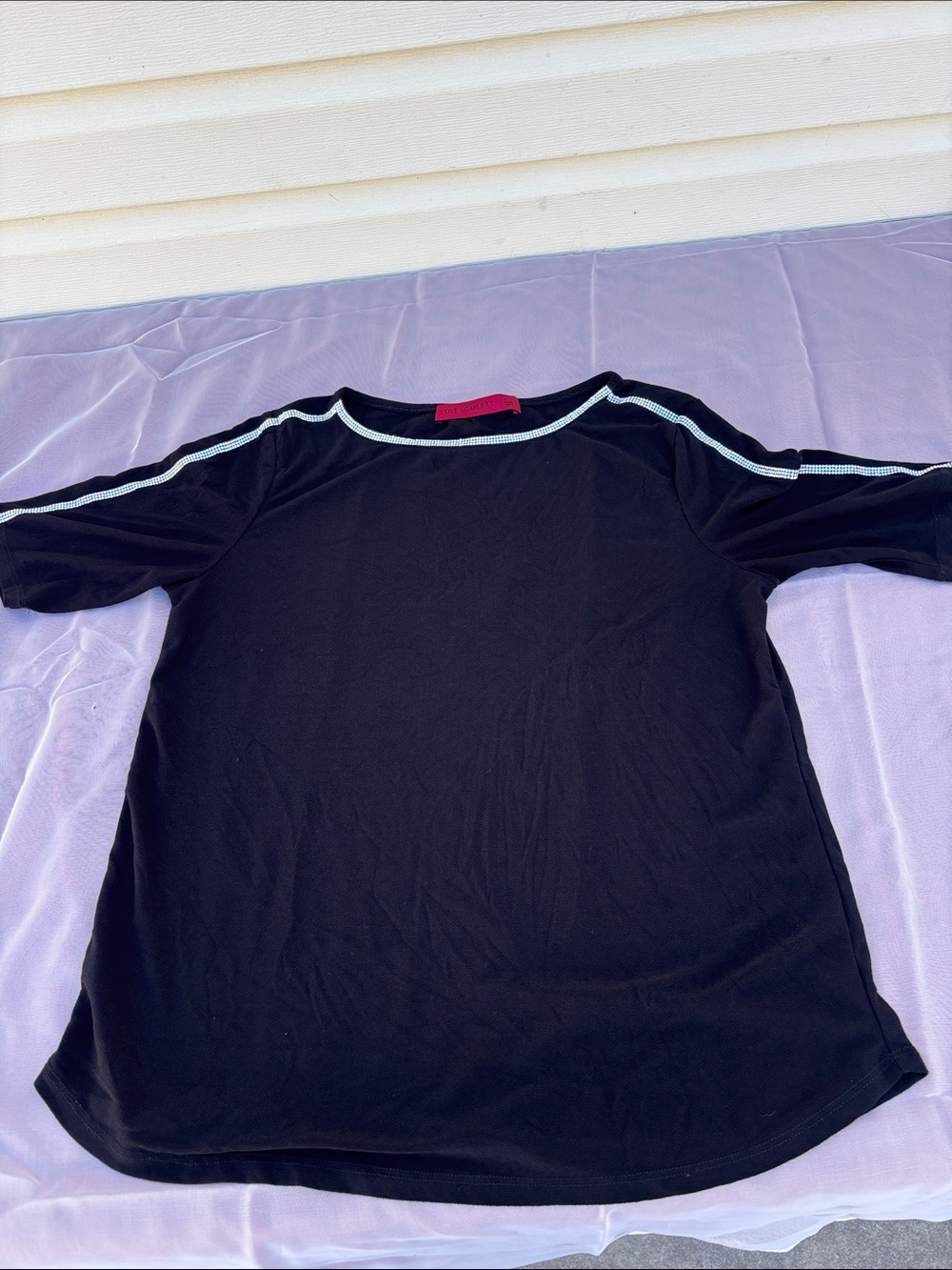 Women's Black Short-Sleeve Boatneck Top with Contrast Trim